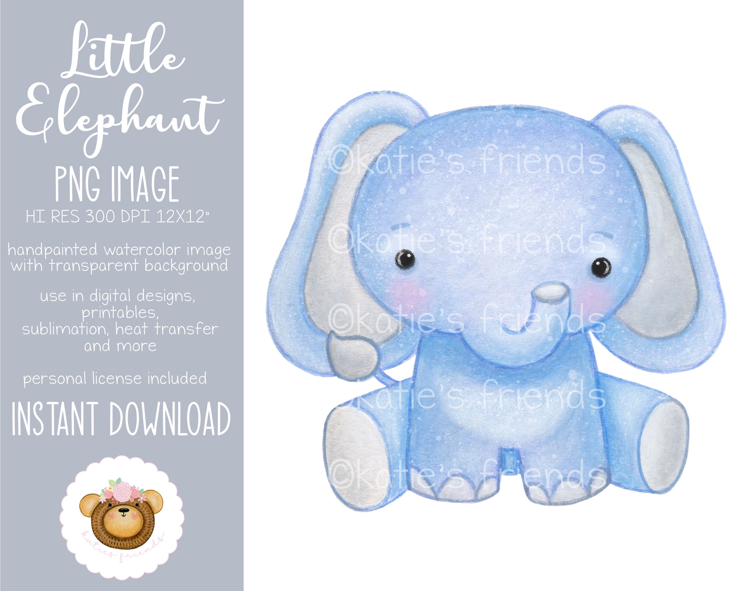 Blue Elephant PNG, Baby Elephant Clipart, Watercolor Elephant, Baby's
