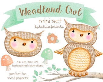 Woodland Owl Clipart, Watercolor Owls, Cute Owl Clipart, Woodland Nursery Art, Hand Painted Woodland Animal Art, Watercolor Graphics