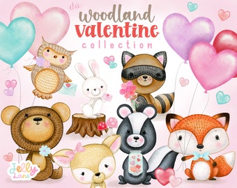 Valentine Woodland Animals Clipart, Watercolor Valentine's Day Clipart, Printable Valentine's Animals, Heart Balloons, Greeting Card Art