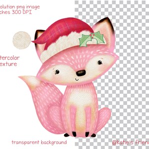 May include: A pink fox illustration wearing a Santa hat with holly. The image has a watercolor texture and a transparent background. The image is 8x8 inches and 300 DPI. Text on the image reads "hi-resolution png image", "watercolor texture", and "transparent background".