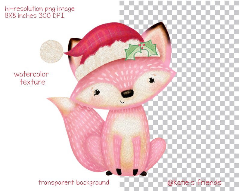 May include: A pink fox illustration wearing a Santa hat with holly. The image has a watercolor texture and a transparent background. The image is 8x8 inches and 300 DPI. Text on the image reads "hi-resolution png image", "watercolor texture", and "transparent background".