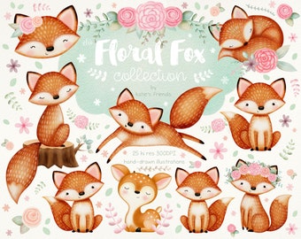 Woodland Fox Clipart, Watercolor Woodland Clipart, Hand Painted Fox Art, Cute Fox Illustrations, Nursery Art, Watercolor Florals