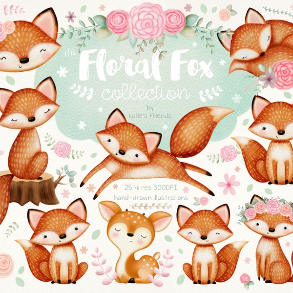 Woodland Fox Clipart, Watercolor Woodland Clipart, Hand Painted Fox Art, Cute Fox Illustrations, Nursery Art, Watercolor Florals