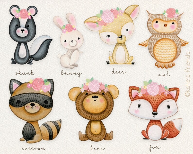Woodland Animals Clipart Girly Woodland Animals Watercolor | Etsy