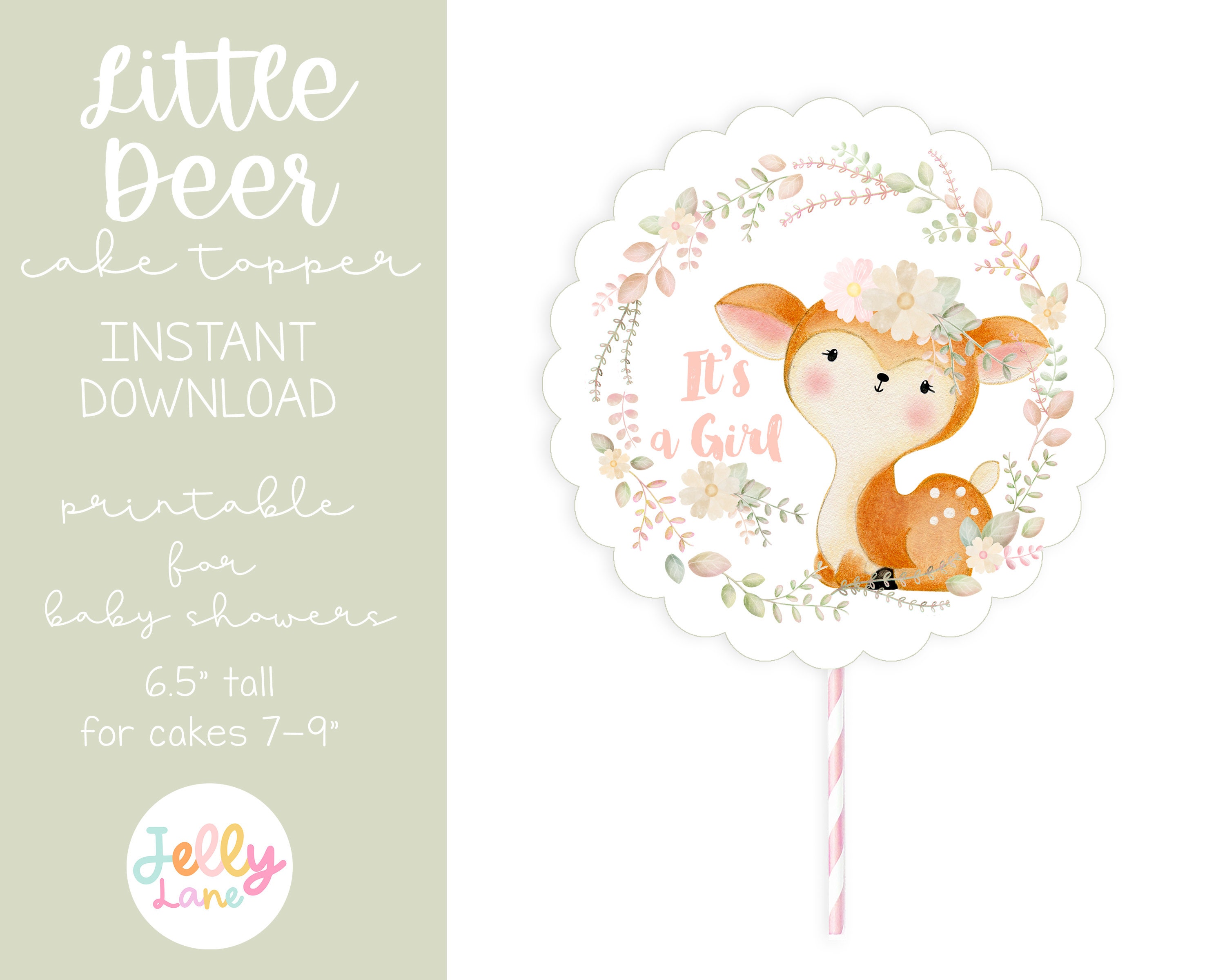 Deer Cake Topper, Woodland Baby Shower, Printable Deer Cake Topper, It's a Girl Party Decor, Baby Deer Centerpiece, DIY Baby Shower