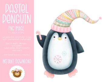 Cute Penguin Png, Pastel Penguin Clipart, Christmas Penguin Sublimation Design, Winter Woodland Nursery, Watercolor Penguin, Pink Candy Cane