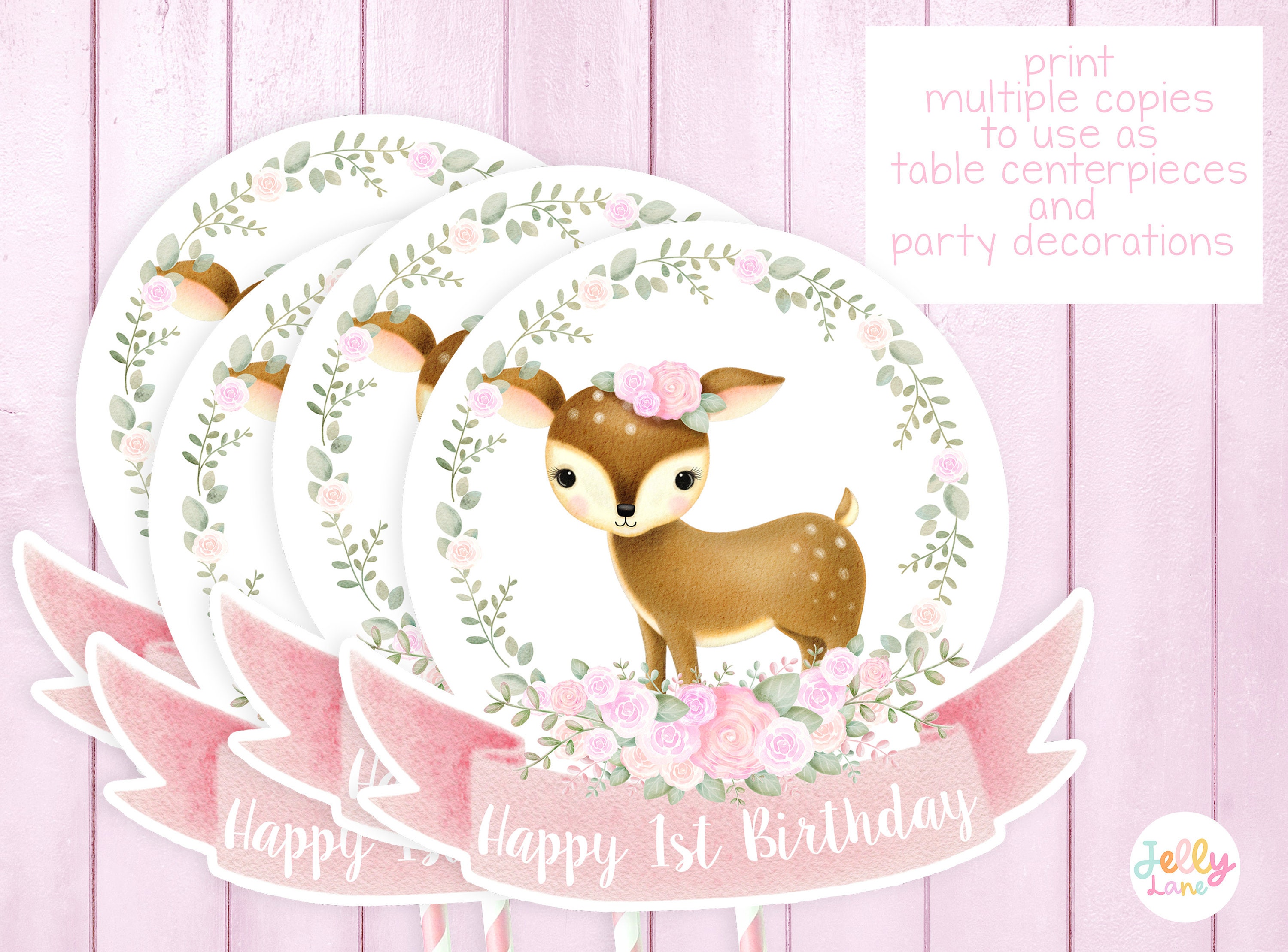 Printable Deer Cake Topper First Birthday for Girl Deer With - Etsy