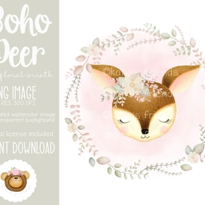 Boho Deer Head PNG, Floral Deer Sublimation Design, Watercolor Style, Boho Baby Shower, Woodland Nursery Decor, Woodland Animals Clipart