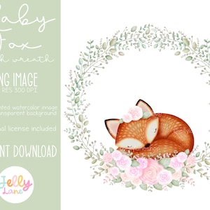 Woodland Fox Wreath PNG, Woodland Baby Shower Sublimation, Watercolor Fox Clipart, Baby Fox, Printable Nursery Wall Art, Girl Baby Shower