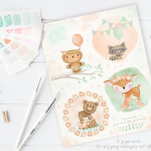 May include: Four watercolor illustrations of woodland animals: an owl with a balloon, a raccoon with a balloon, a deer with a flower crown, and a bear sitting on a tree stump. The illustrations are surrounded by floral elements and have a soft, pastel color palette.