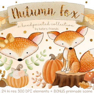 Wald Fuchs Clipart, Herbst Clipart Set, Herbst Aquarell Illustrationen, handgemalte Waldkunst, KinderzimmerKunst, Herbst Clipart