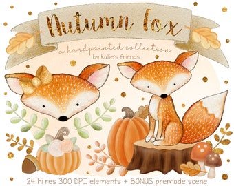 Woodland Fox Clipart, Conjunto de clipart de otoño, Ilustraciones de acuarela de otoño, Arte de bosque pintado a mano, Arte de vivero, Clipart de otoño