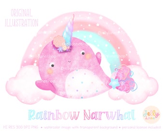 Pink Narwhal Png, Rainbow Narwhal Clipart, Narwhal and Rainbow Sublimation Design, Narwhal Birthday, Cute Watercolor Narwhal Illustration