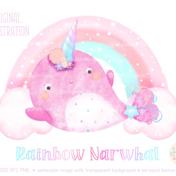 Pink Narwhal Png, Rainbow Narwhal Clipart, Narwhal and Rainbow Sublimation Design, Narwhal Birthday, Cute Watercolor Narwhal Illustration