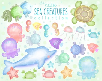 Sea Creatures Clipart, Watercolor Sea Animals, Under the Sea Theme, Cute Sea Life Illustrations, Hand Drawn Ocean Life Clipart,