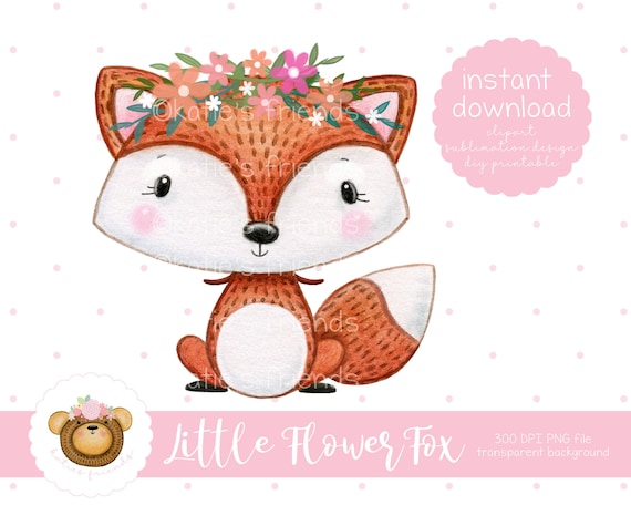 Woodland Girl Fox Clipart, Fox png, Watercolor Fox, Fox with Flower Crown, Printable Fox, Woodland Nursery Art