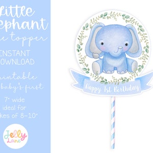 Printable Baby Elephant Cake Topper, Baby Safari Animals 1st Birthday, Elephant Table Centerpiece, Blue Elephant Party Decoration, DIY