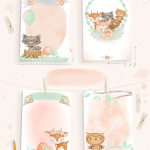 May include: Four printable templates featuring watercolor illustrations of woodland animals, including a raccoon, deer, owl, and fox. The templates are perfect for baby showers or first birthday invitations. The text "just add text" is included on the image.