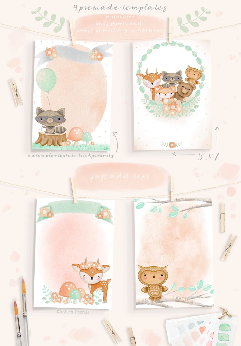 May include: Four printable templates featuring watercolor illustrations of woodland animals, including a raccoon, deer, owl, and fox. The templates are perfect for baby showers or first birthday invitations. The text "just add text" is included on the image.