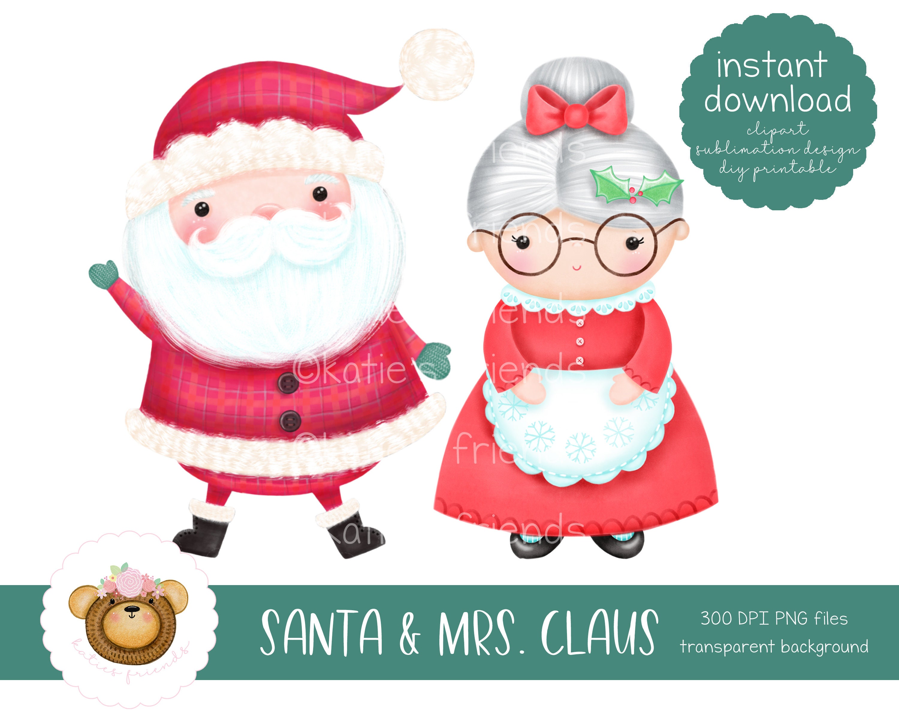 Santa Claus Clipart, Mrs. Claus PNG, Christmas Clipart, Holiday Greeting Card Art, Santa