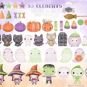 May include: A set of 53 Halloween themed digital clipart illustrations. The illustrations include ghosts, pumpkins, bats, witches, skeletons, candy corn, and more. The illustrations are in a watercolor style and are perfect for creating Halloween crafts, cards, and decorations.