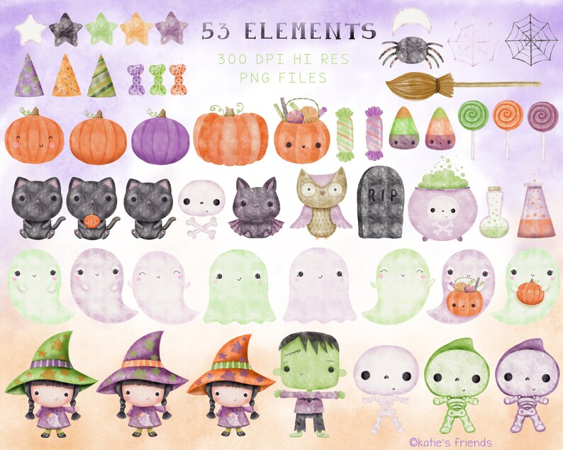 May include: A set of 53 Halloween themed digital clipart illustrations. The illustrations include ghosts, pumpkins, bats, witches, skeletons, candy corn, and more. The illustrations are in a watercolor style and are perfect for creating Halloween crafts, cards, and decorations.