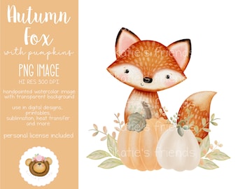 Fall Fox Png, Fox with Pumpkins Clipart, Woodland Fox Sublimation Design, Woodland Nursery, Autumn Baby Shower, Gender Neutral Baby Shower
