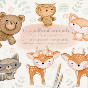 May include: Set of six watercolor woodland animal illustrations with transparent backgrounds. The animals include a bear, fox, owl, raccoon, and two deer. The illustrations are in a cute cartoon style.