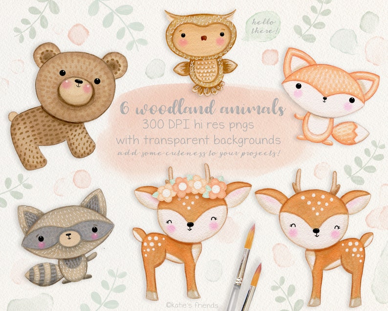 May include: Set of six watercolor woodland animal illustrations with transparent backgrounds. The animals include a bear, fox, owl, raccoon, and two deer. The illustrations are in a cute cartoon style.