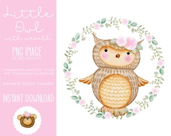 Woodland Owl PNG, Watercolor Owl Clipart, Printable Owl, Owl with Wreath Sublimation Design, Woodland Nursery Art, Owl Baby Shower for Girl