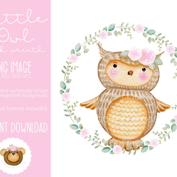 Woodland Owl PNG, Watercolor Owl Clipart, Printable Owl, Owl with Wreath Sublimation Design, Woodland Nursery Art, Owl Baby Shower for Girl