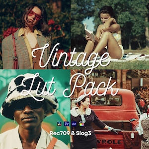 Może przedstawiać: Kolaż czterech zdjęć w stylu vintage. W lewym górnym rogu osoba w czerwonych okularach przeciwsłonecznych i kratkowym blazerze. W prawym górnym rogu osoba czyta książkę. W lewym dolnym rogu osoba w kapeluszu z nadrukiem krowy. W prawym dolnym rogu osoba w pobliżu czerwonej ciężarówki. Nałożony tekst "Vintage Lut Pack".