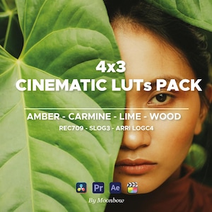 Może przedstawiać: Promocyjny obraz dla pakietu LUTów filmowych 4x3. Obraz przedstawia twarz kobiety częściowo zasłoniętą przez duży zielony liść. Tekst na obrazie brzmi "4x3 Cinematic LUTs Pack", "Amber - Carmine - Lime - Wood" i "REC709 - SLOG3 - ARRI LOGC4".