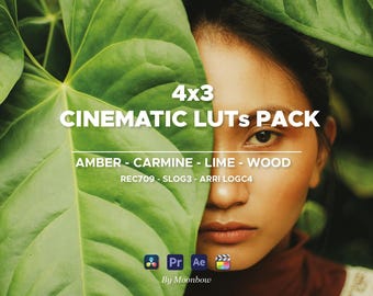 Op de afbeelding: Een promotiebeeld voor een 4x3 Cinematic LUTs Pack. De afbeelding toont het gezicht van een vrouw dat gedeeltelijk verborgen is door een groot groen blad. De tekst op de afbeelding luidt "4x3 Cinematic LUTs Pack", "Amber - Carmine - Lime - Wood" en "REC709 - SLOG3 - ARRI LOGC4".