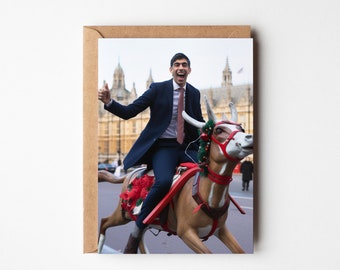 Rishi Sunak rides a Reindeer at Christmas, Random funny card, AI generated, Card for her, Christmas funny, Xmas gift girlfriend, Wife cards