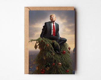 Donald Trump on top of a Christmas tree, Christmas card, Cursed AI, AI generated Christmas card, Christmas tree decorations, Multipack cards