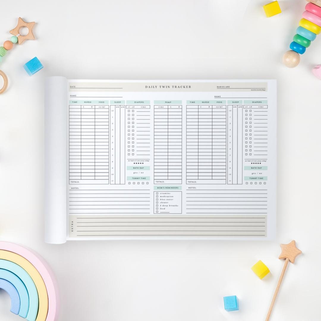Daily Twin Tracker Notepad 8.5x11" | twin tracking, twin journal, twin feed book, feeding twins, gender neutral, baby organization