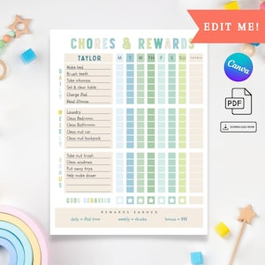 Chore Chart for Kids, Editable Daily and Weekly Kid Chore Chart, Bonus Reward Responsibility Checklist, Kids Routine Schedule, Blue, Boy