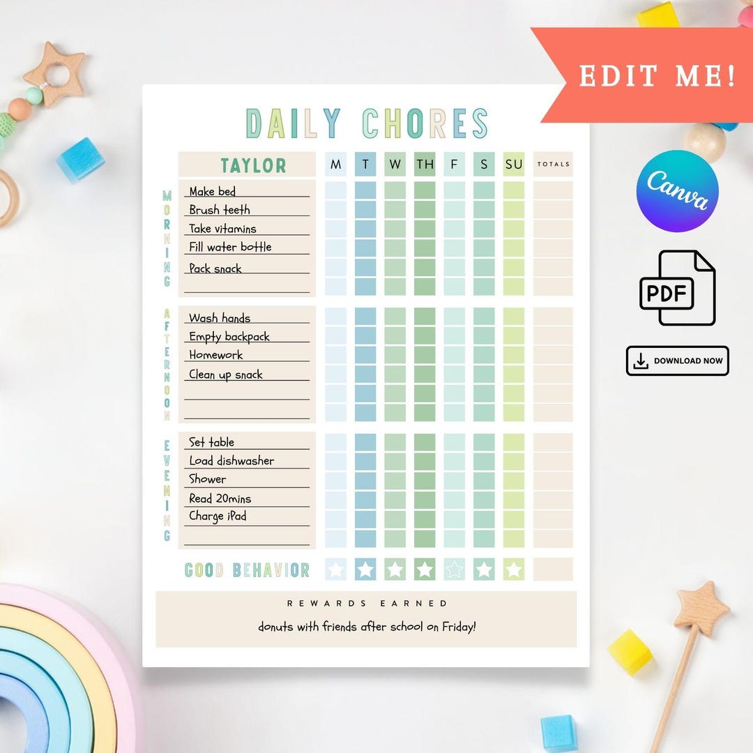 Kids Chore Chart Printable | DIY Chore Chart, Daily Chores, Print at ...