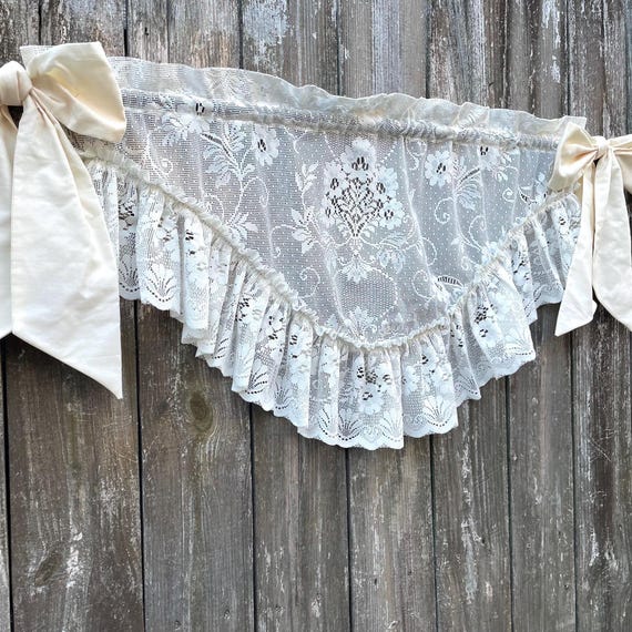 Vintage Lace Valance Ruffled Swag French Country Cottagecore Modern Farmhouse Cottage Shabby Grannychic Curtain Topper Bows