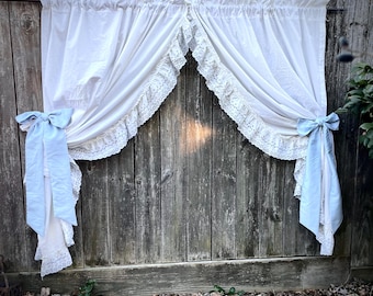 Vintage Curtains Priscilla Blue Eyelet  Ruffles Cottagecore Modern Cottage Shabby French Country Farmhouse Light Academia Fancy Shower Bows