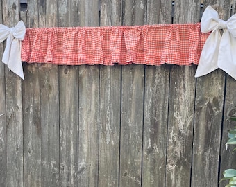 Vintage Valance Curtain Topper Cottagecore Retro MCM 70s Boho Rustic Country Farmhouse Granny Chic Orange Ginghan Check