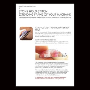 May include: A diagram showing how to prevent stones from coming out of a macrame frame. The diagram shows a stone with a red line indicating the frame weave. The text explains how to select a good stone and how to use a stone hold stitch to secure the stone in place.