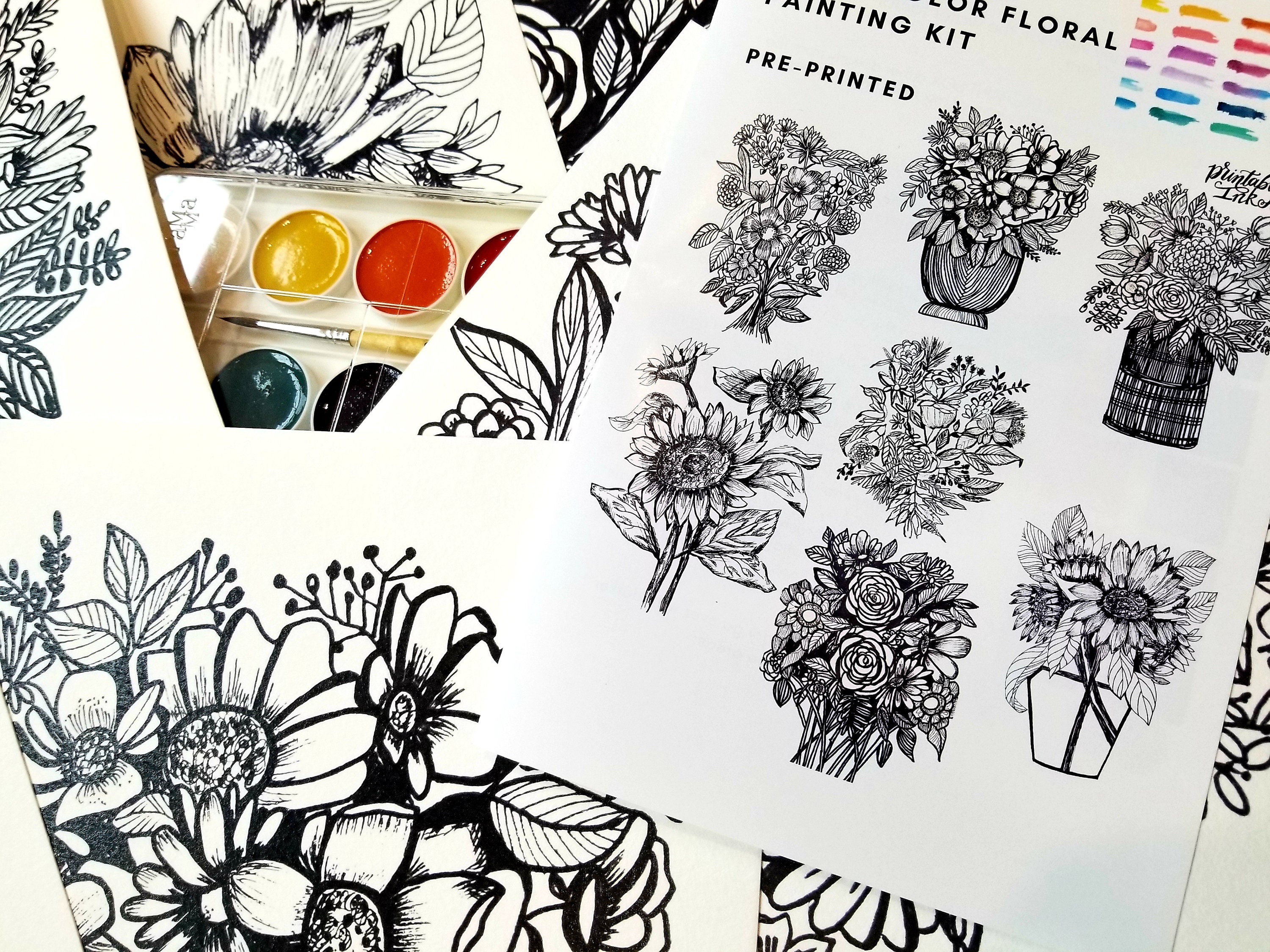 Watercolor Painting Kit Flowers Ink Art Paint On Printed | Etsy