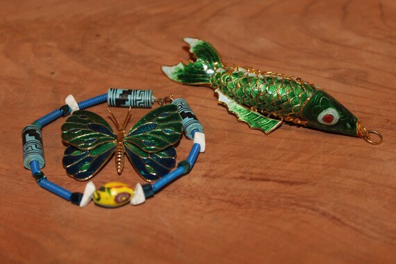 Blue and Green Enameled Butterfly Brooch, Beautif… - image 1