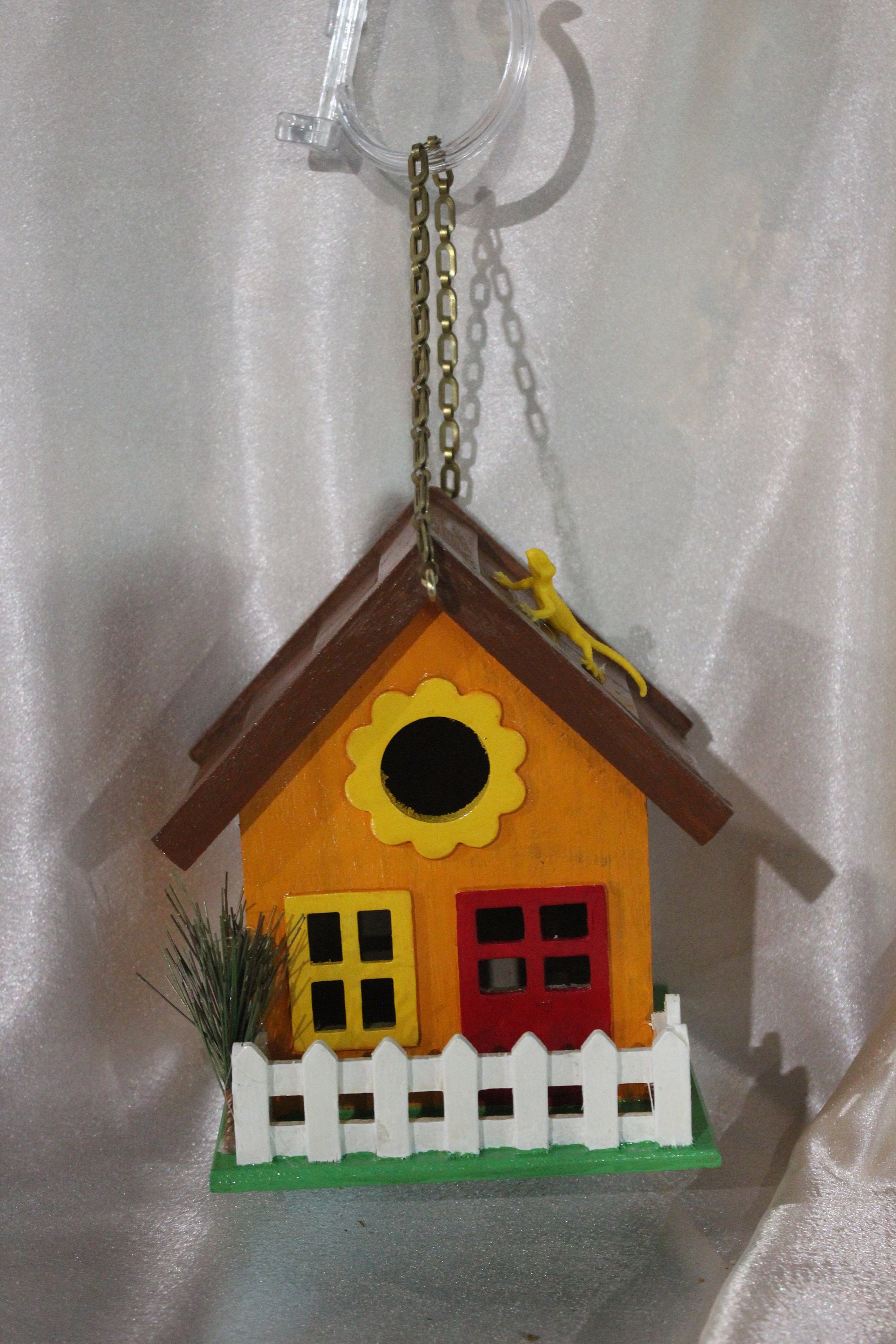 Wood Birdhouse with White Picket Fence Hanging Functional Etsy