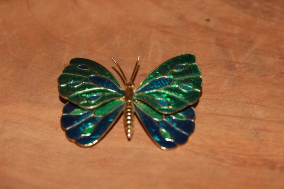 Blue and Green Enameled Butterfly Brooch, Beautif… - image 4
