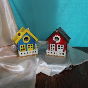 Blue Metallic and Yellow Birdhouse, Country Red Birdhouse, both have white picket fence, Hand-painted Wood Birdhouse, Shipping included