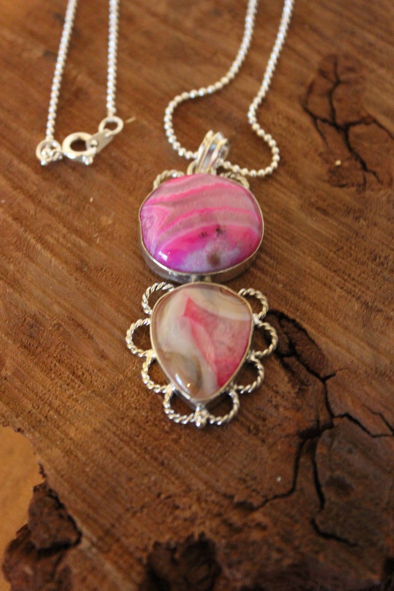 Pink Valentine Onyx Necklace Double Pink Onyx Pendant on Silver chain Hand Crafted Onyx Necklace Multi Pink Colored Onyx Necklace