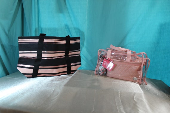 Victoria Secret Black and Pink Striped Canvas Shopper Tote 